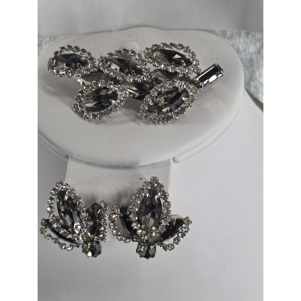 Vintage Albert Weiss Black Diamond &‎ Clear Rhinestone Brooch Earring Set MCM